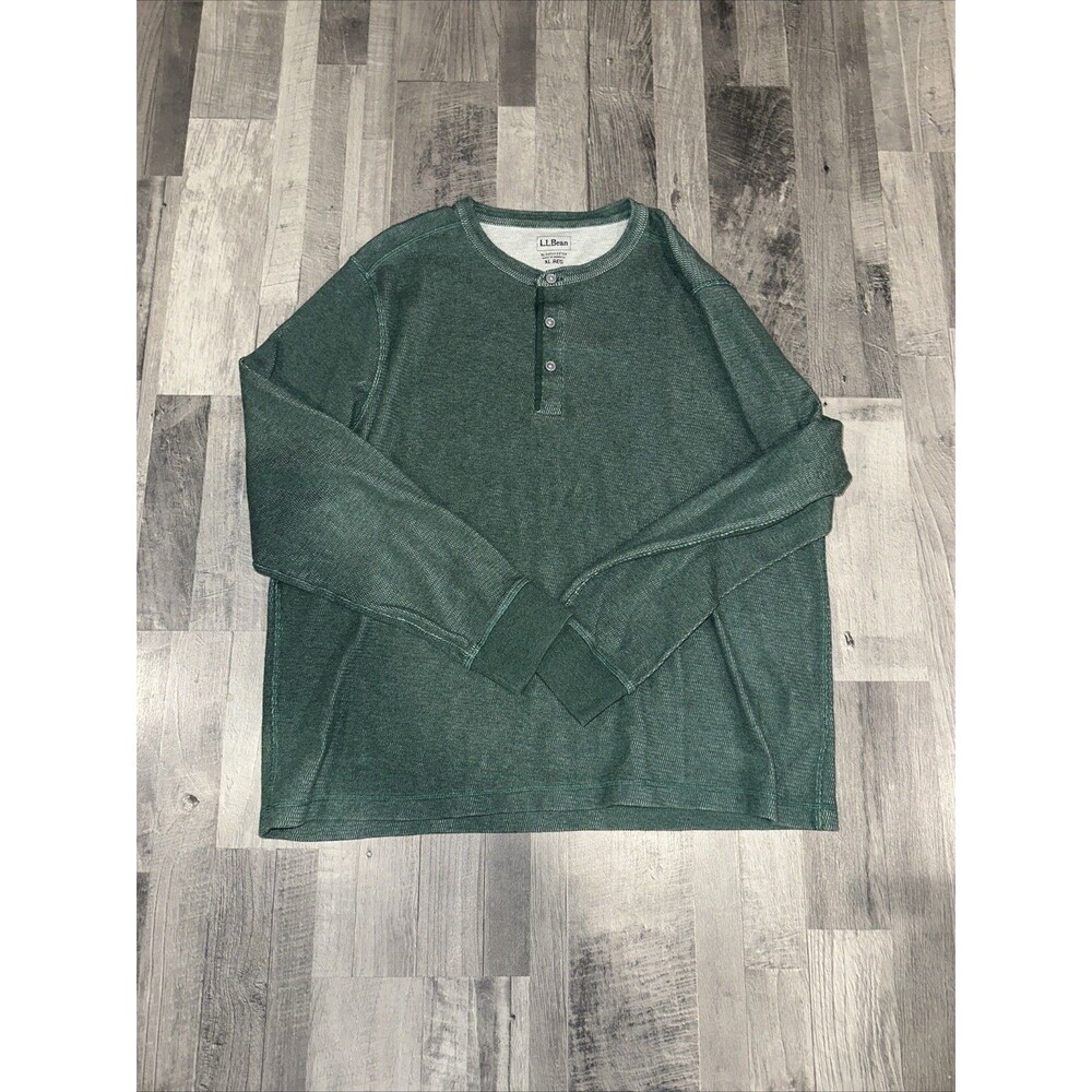 LL Bean Mens XL Regular Green Long Sleeve Button Henley Shirt Cotton Top